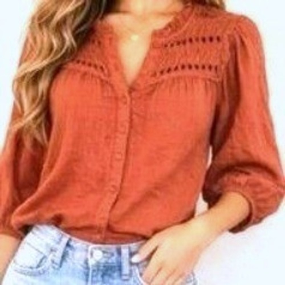 CALYPSO ST BARTH Women's Medium Terracotta Cotton Smocked Lattice Cutout Blouse